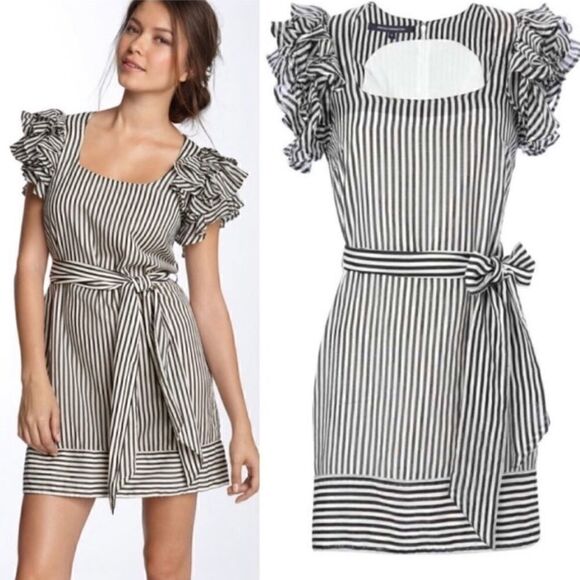 French Connection Candy Stripe Fril Sleeve Dress in Black - Picture 1 of 9